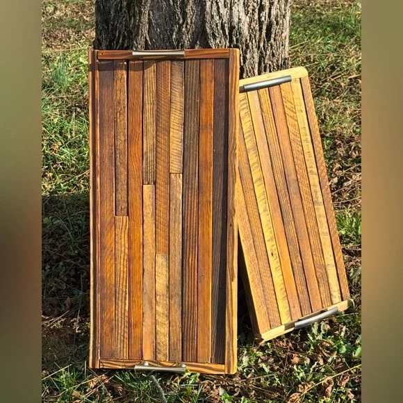 Reclaimed Tobacco Stick Serving Tray With Brushed Nickel Handles – 25” x 12”